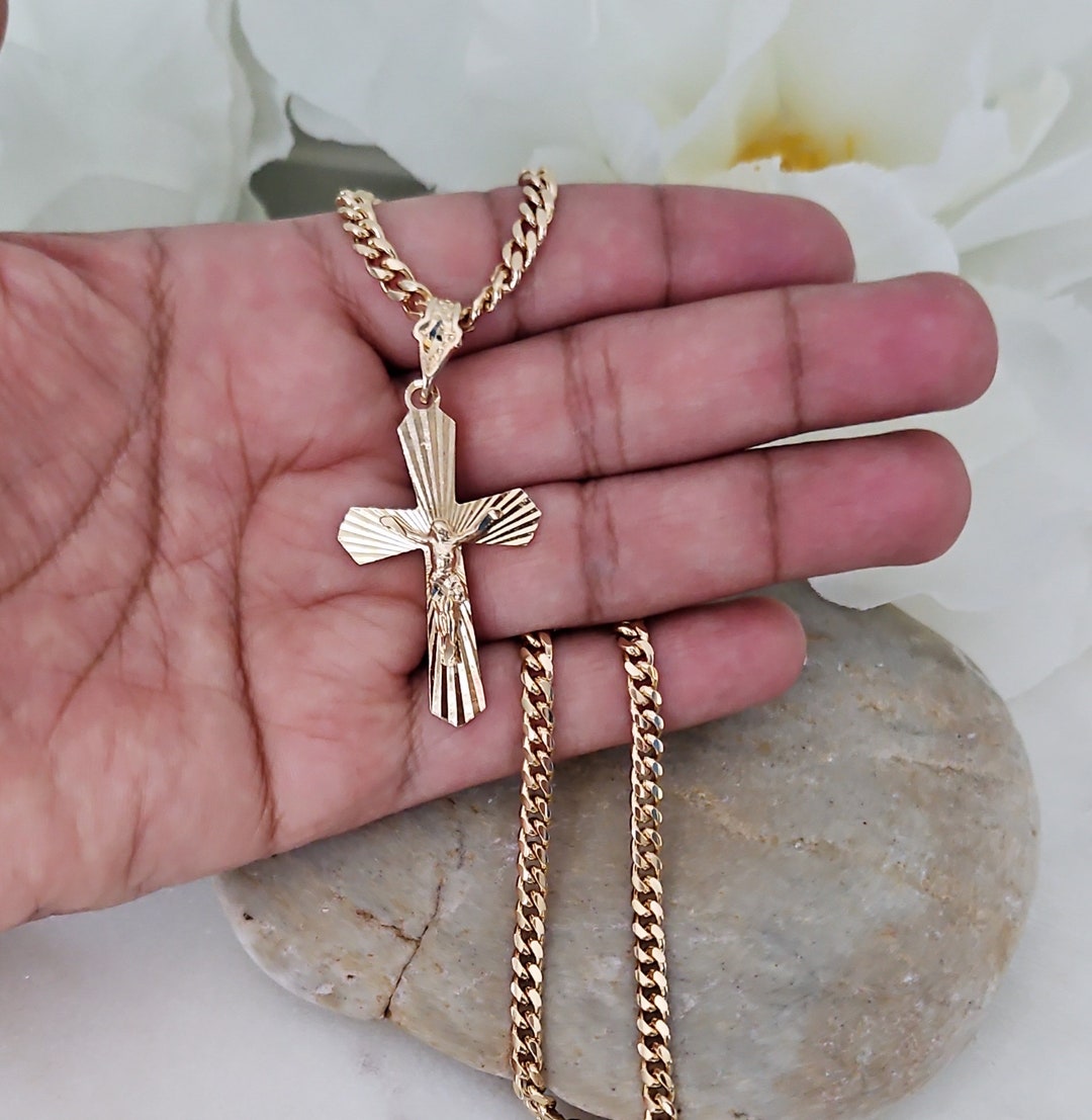14k Gold Crucifix Necklace for Men 5mm Curb Link Chain 14k Etsy