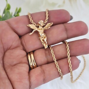Gold Angel Necklace: 14k Plated Cherub Pendant, 2mm Rope Chain image 2