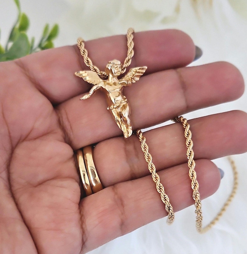 Gold Angel Necklace: 14k Plated Cherub Pendant, 2mm Rope Chain image 2