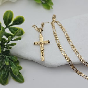 Gold Crucifix Necklace for Men, 4mm Round Figaro Chain, 14k Heavy Plated Gold, High Quality Necklace, Lifetime Replacement Guarantee