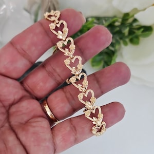Gold Hearts & Roses Bracelet, Diamond Cut Heart Bracelet, 14k Heavy Plated Gold Bracelet, Women's Bracelet, Lifetime Replacement Guarantee