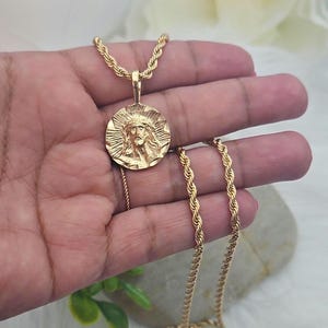 Gold Jesus Necklace, 14k Heavy Plated Medallion on a 3mm French Rope Chain, Suitable for Men & Women, Unisex, High-Quality Necklace