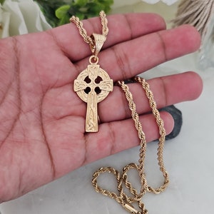 Gold Celtic Cross Necklace, Medium Sized Celtic Cross, 4mm French Rope Chain, 14k Heavy Plated Gold Necklace, Embossed Celtic Knot Design