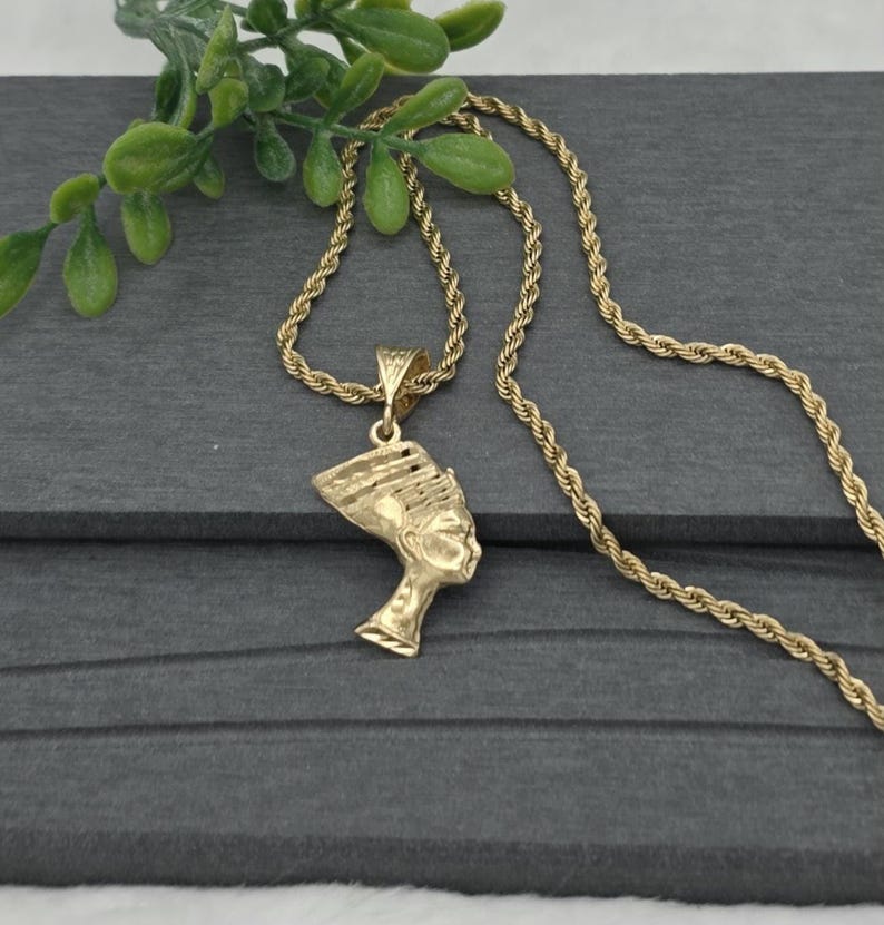 Gold Nefertiti Pendant Necklace: 14k Heavy Plated, 3mm French Rope Chain, Lifetime Replacement Guarantee image 13