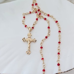 Gold Crucifix Necklace, Dainty Crucifix Necklace, Tiny Cross Necklace, 1mm Red Beaded Chain, 14k Heavy Plated Gold, High Quality Necklace