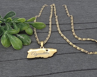 Puerto Rico Pendant Necklace: Engravable, 3mm Scroll Chain, 14k Heavy Plated
