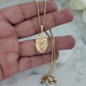 Gold Virgin Mary Necklace: 14k Plated Miraculous Medal, 2mm Curb Chain
