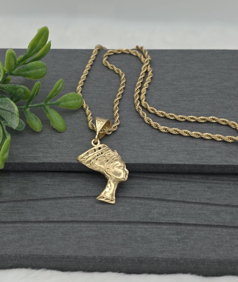 Gold Nefertiti Pendant Necklace: 14k Heavy Plated, 3mm French Rope Chain, Lifetime Replacement Guarantee image 9
