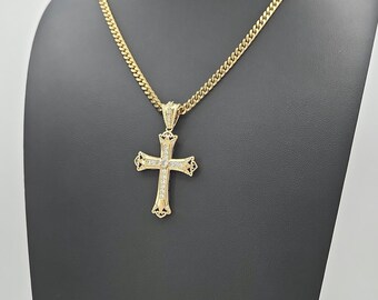 Gold CZ Cross Necklace for Men: 14k Plated, 4mm Cuban Chain
