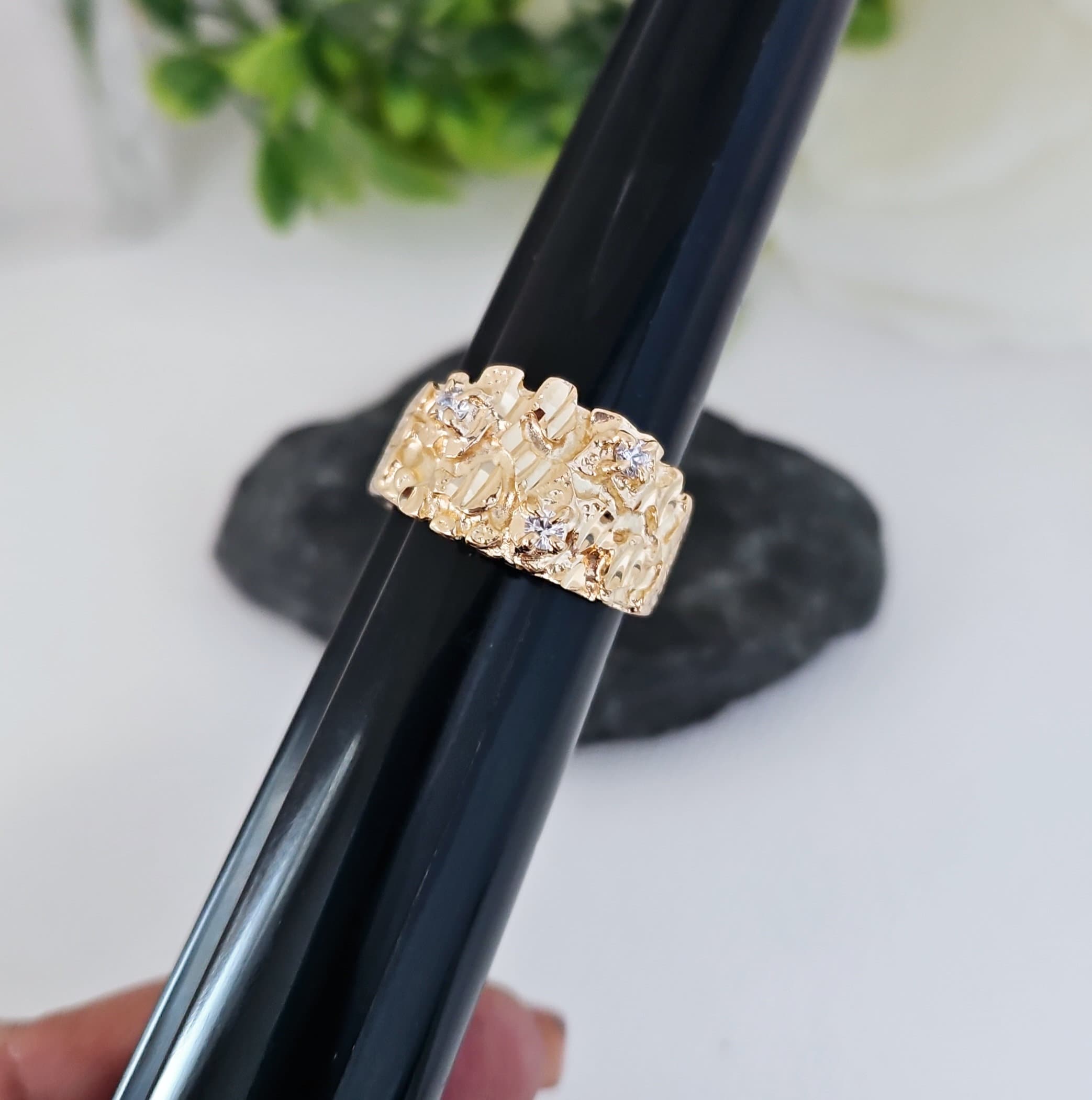 Gold Nugget Ring, Men&#39;s Nugget Diamond Ring, 14k Heavy Plated Gold, Cubic Zirconia Nugget Ring, High Quality, Lifetime Replacement Guarantee