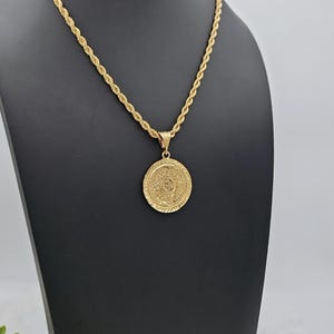 Gold Aztec Calendar Necklace, 4mm French Rope Chain, Round Aztec Pendant, 14k Heavy Plated Gold, Lifetime Replacement Guarantee