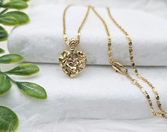 14k Heavy Plated Gold Nugget Heart Necklace: 2mm Scroll Chain