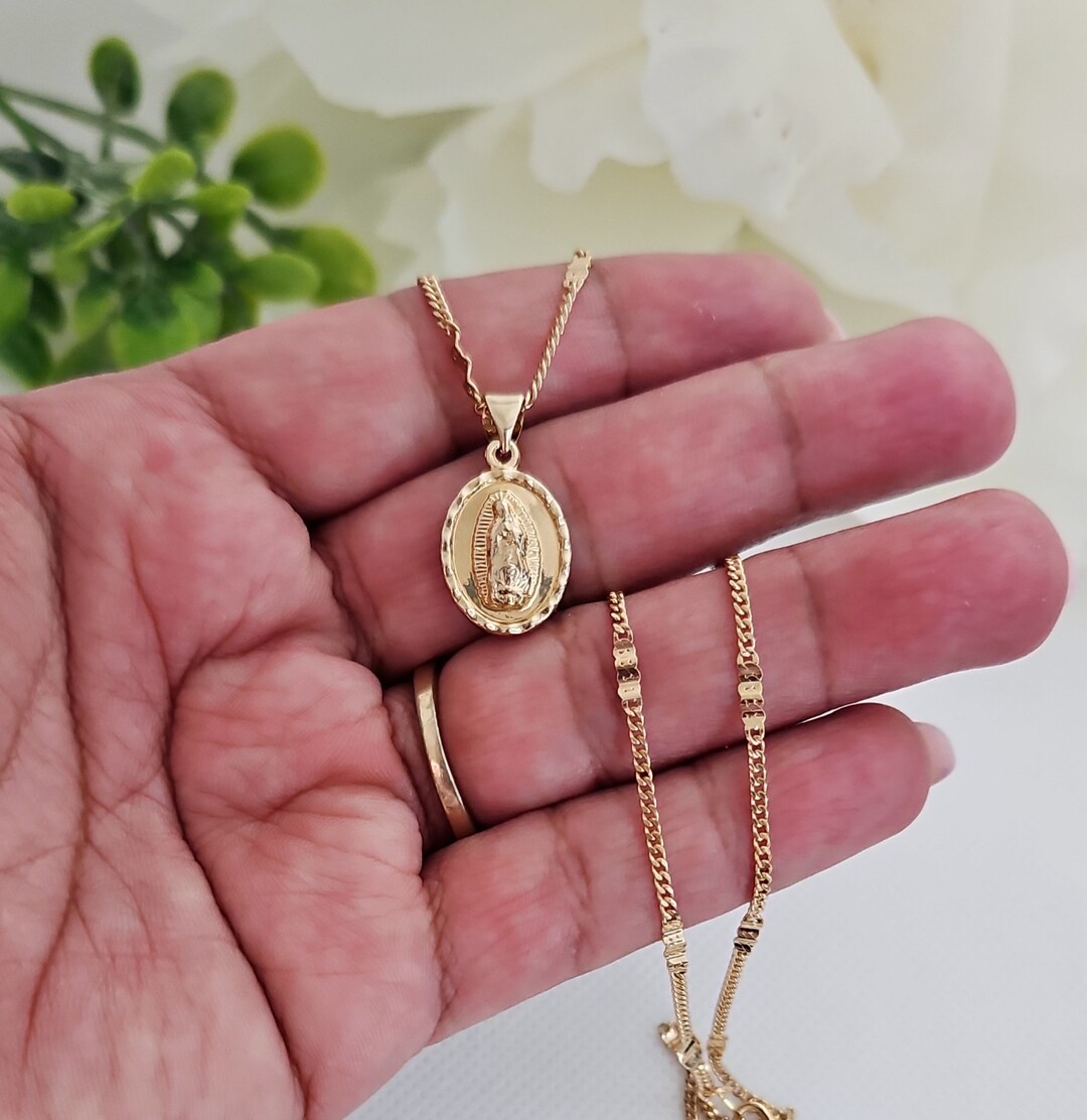 Gold Virgin Mary Necklace, Diamond Cut Guadalupe Necklace, 14k Heavy