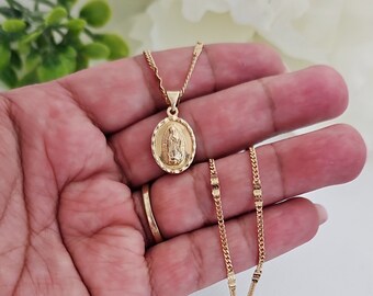 Gold Virgin Mary Necklace,  Diamond Cut Guadalupe Necklace, 14k Heavy Plated Gold, Curb Style With Design, Minimalist Double-Sided Necklace