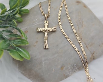 Gold Crucifix Necklace For Women, 2mm Fancy Mariner Chain, 14k Heavy Plated Gold, High Quality Necklace With Lifetime Replacement Guarantee