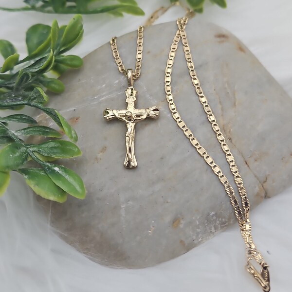 Gold Crucifix Necklace For Women, 2mm Fancy Mariner Chain, 14k Heavy Plated Gold, High Quality Necklace With Lifetime Replacement Guarantee