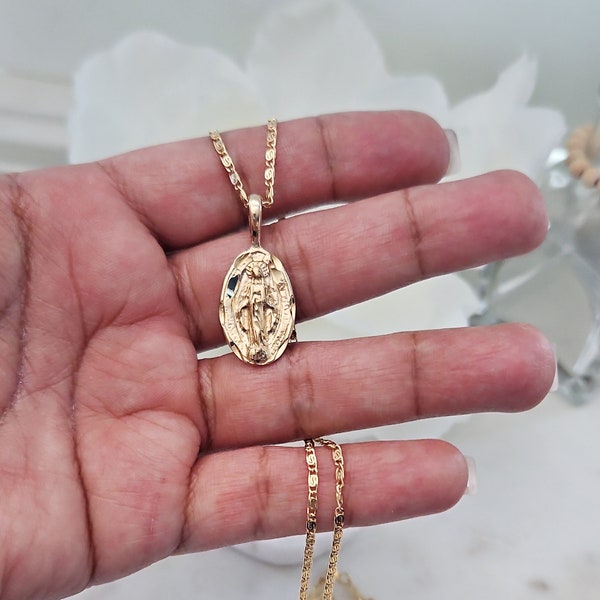 Gold Virgin Mary Necklace, Oval Virgin Mary Necklace, 14k Heavy Plated Gold Miraculous Medal, Virgin Mary Necklace, 2mm Scroll Chain