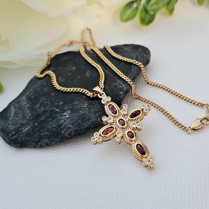 Gold Garnet Vintage Cross Necklace, Gold CZ Cross Necklace, 14k Heavy Plated Gold, 2mm Gold Curb Style Chain, M-L Sized Necklace, For Women