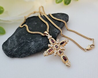 Gold Garnet Vintage Cross Necklace, Gold CZ Cross Necklace, 14k Heavy Plated Gold, 2mm Gold Curb Style Chain, M-L Sized Necklace, For Women