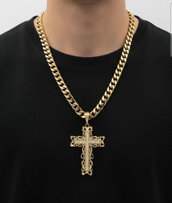 XL Gold CZ Cross Necklace, 14k Heavy Plated, 10mm Cuban Link Chain