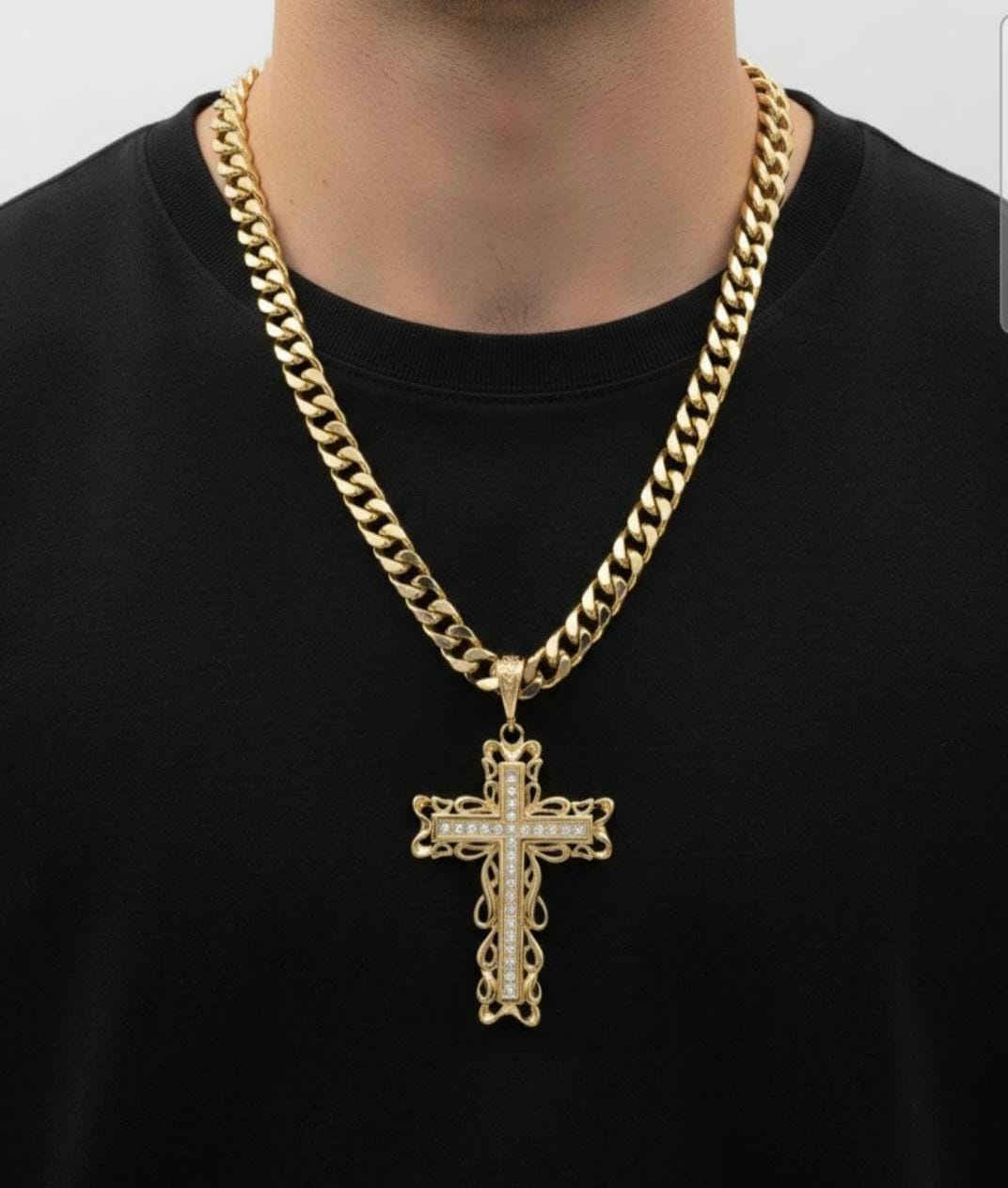 XL Gold CZ Cross Necklace, 14k Heavy Plated, 10mm Cuban Link Chain