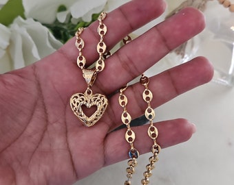 Gold Puffy Heart Necklace, Puffy Anchor Chain, 14k Heavy Plated Gold, Medium Size Necklace For Women, Lifetime Replacement Guarantee