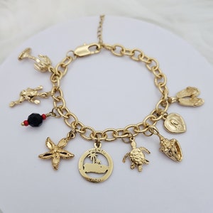 14k Gold Plated Puerto Rico Charm Bracelet: Couqui, Palma, Sea Turtle