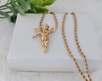 Gold Angel Necklace: 14k Plated Cherub Pendant, 2mm Rope Chain