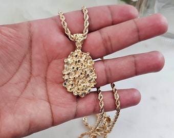 Gold Nugget ketting, Gold Nugget Chain, 14k zwaar verguld goud, 3,5 mm Franse touwketting, grote Nugget hanger, 35 mm hoog, 24 mm breed