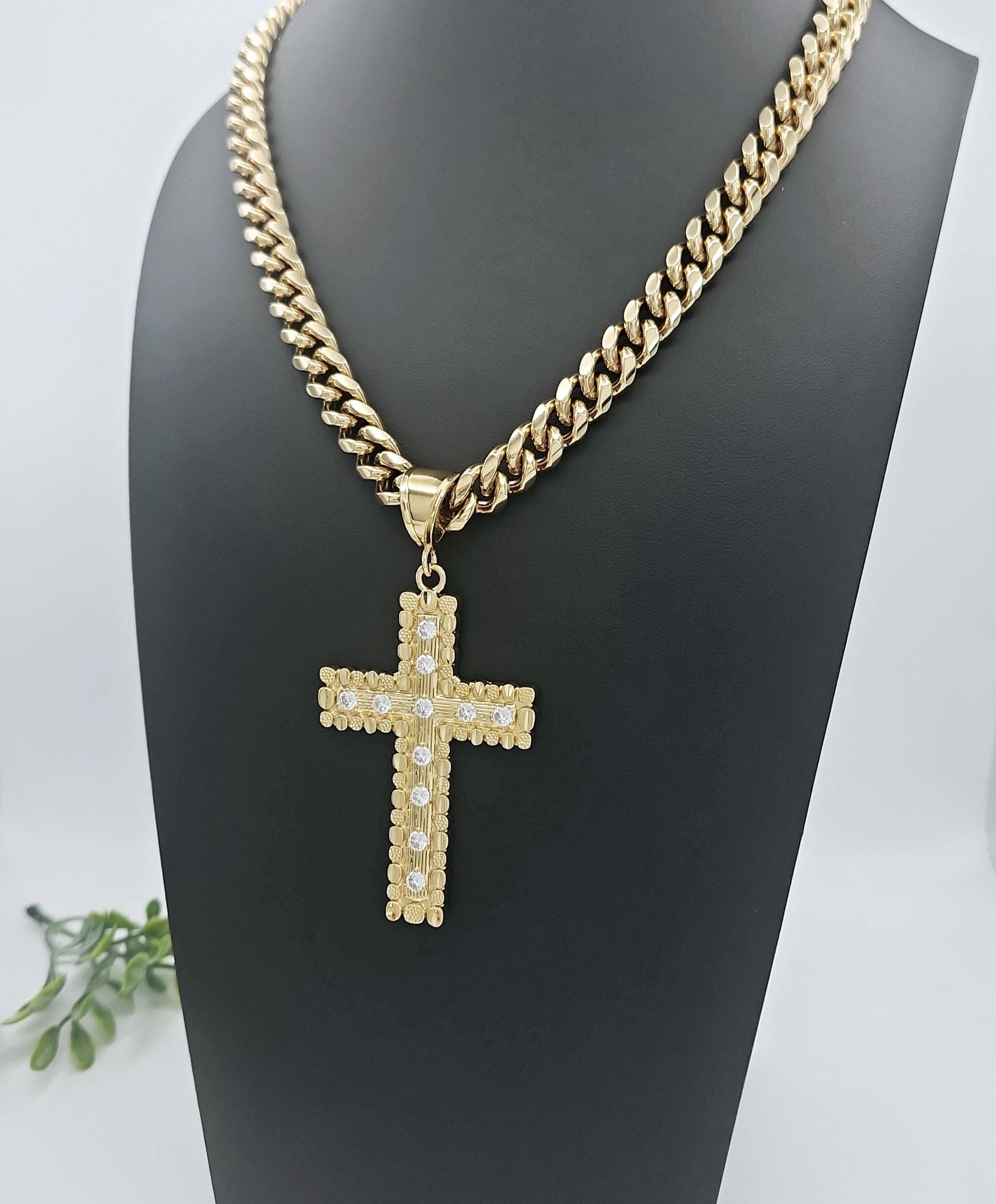 XL Gold Nugget Cross Necklace: Textured CZ, 11mm Curb Chain