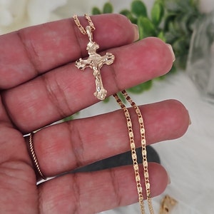 Gold Crucifix Necklace, Small Crucifix Necklace, 2mm Scroll Style Chain, 14k Heavy Plated Gold, Fancy Crucifix Necklace, For Women or Girls