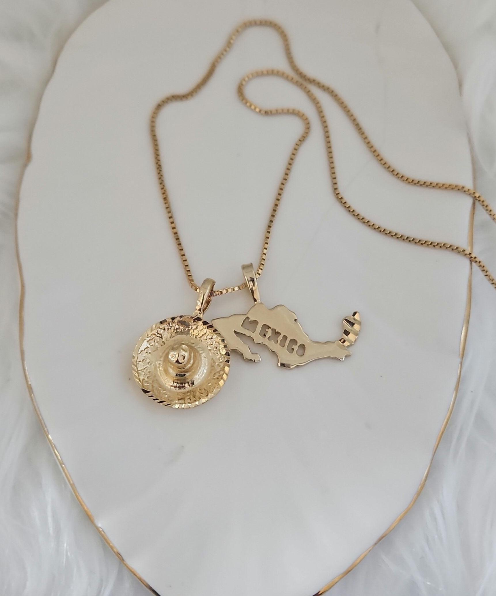 ゴールドメキシコネックレス：ソンブレロ＆マップペンダント、14K 