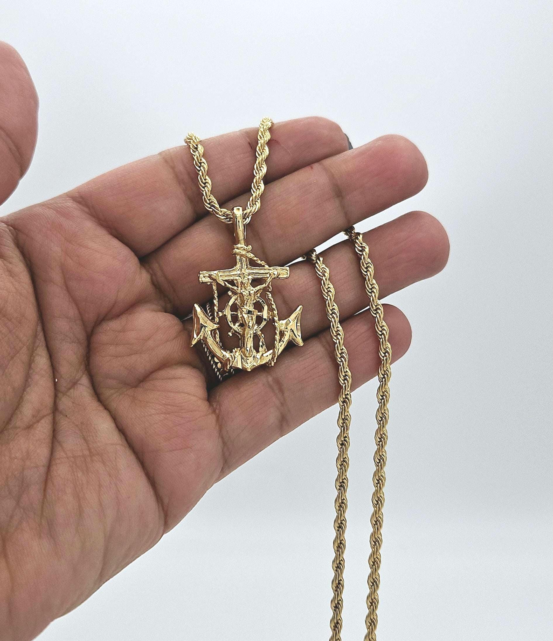 Gold Small Anchor Necklace: 3mm Rope Chain, 14k Heavy Plated