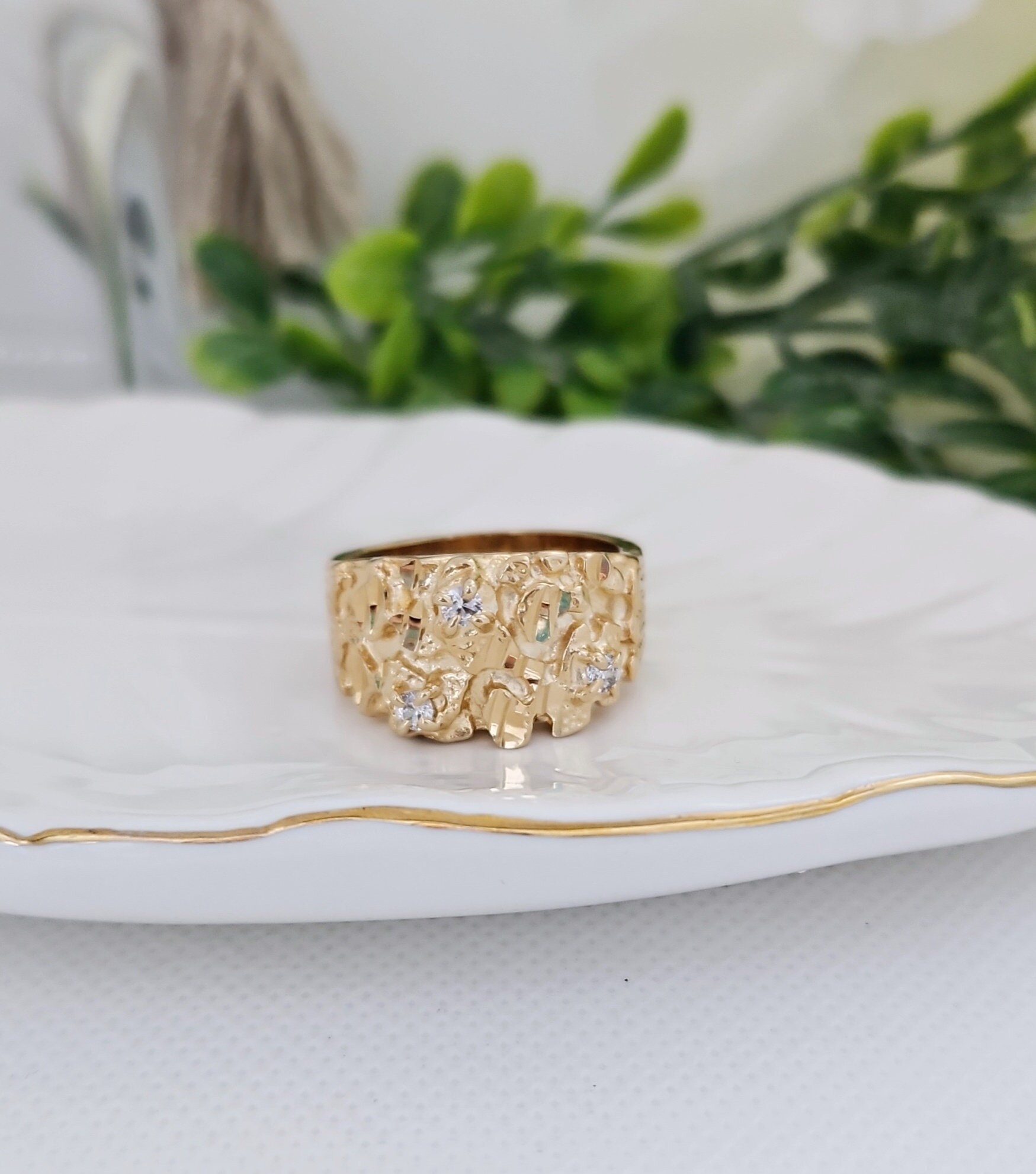 Gold Nugget Ring, Men&#39;s Nugget Diamond Ring, 14k Heavy Plated Gold, Cubic Zirconia Nugget Ring, High Quality, Lifetime Replacement Guarantee