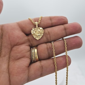 Gold Nugget Heart Necklace, Small Nugget Heart, 1mm DC French Rope Chain, Women's Gold Nugget Necklace, 14k Heavy Plated Gold, High Quality