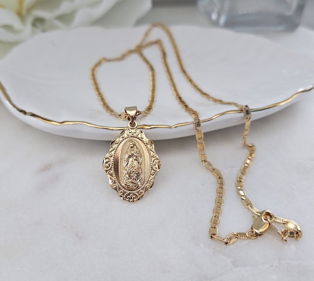 Gold Virgin Mary Necklace, Guadalupe Necklace, 2mm Fancy Flat Chain, 14k Heavy Plated Gold, High Quality, Lifetime Replacement Guarantee