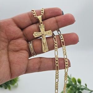Gold Crucifix Necklace for Men, 5mm Figaro Chain, Diamond Cut Cross, High Quality Necklace, 14K Heavy Plated Gold, Medium S/M Sized Pendant