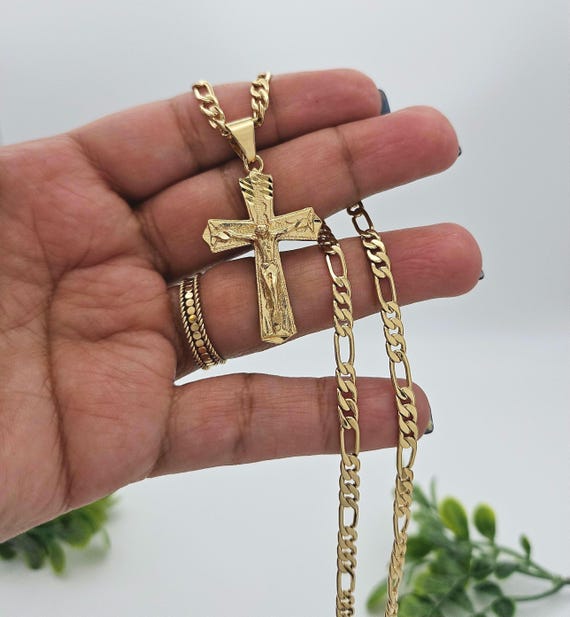 Gold Crucifix Necklace for Men, 5mm Figaro Chain, Diamond Cut