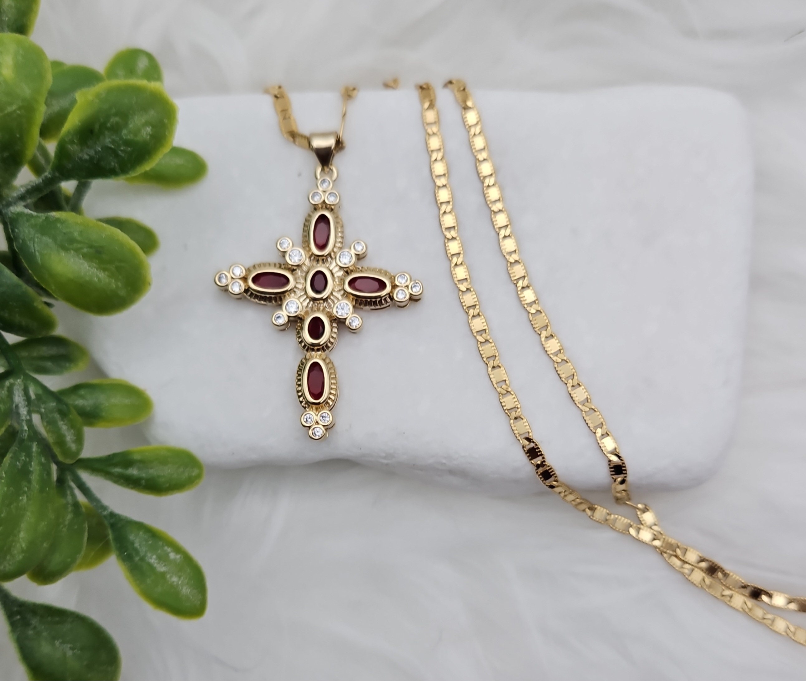 Collier Croix En Argent Avec Grenat - Fermoir En Or - Occasion
