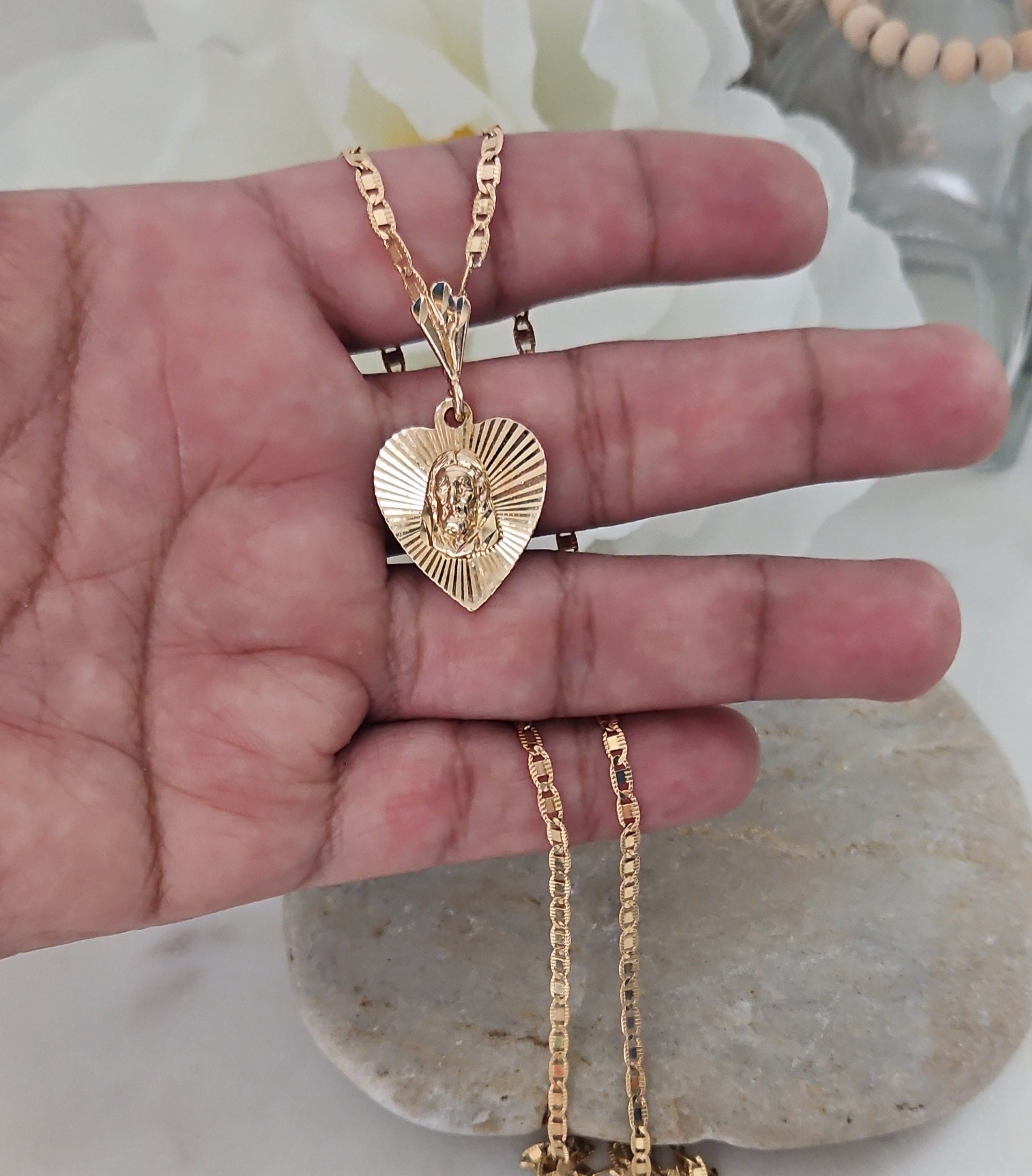 Gold Jesus Necklace, Heart-shaped Jesus Necklace, 14k Heavy