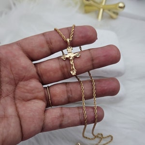 Gold Small Crucifix Necklace, 1mm French Rope Chain, 14k Heavy Plated Gold, Unisex Crucifix Necklace, 14k Heavy Plated Gold, Small Cross