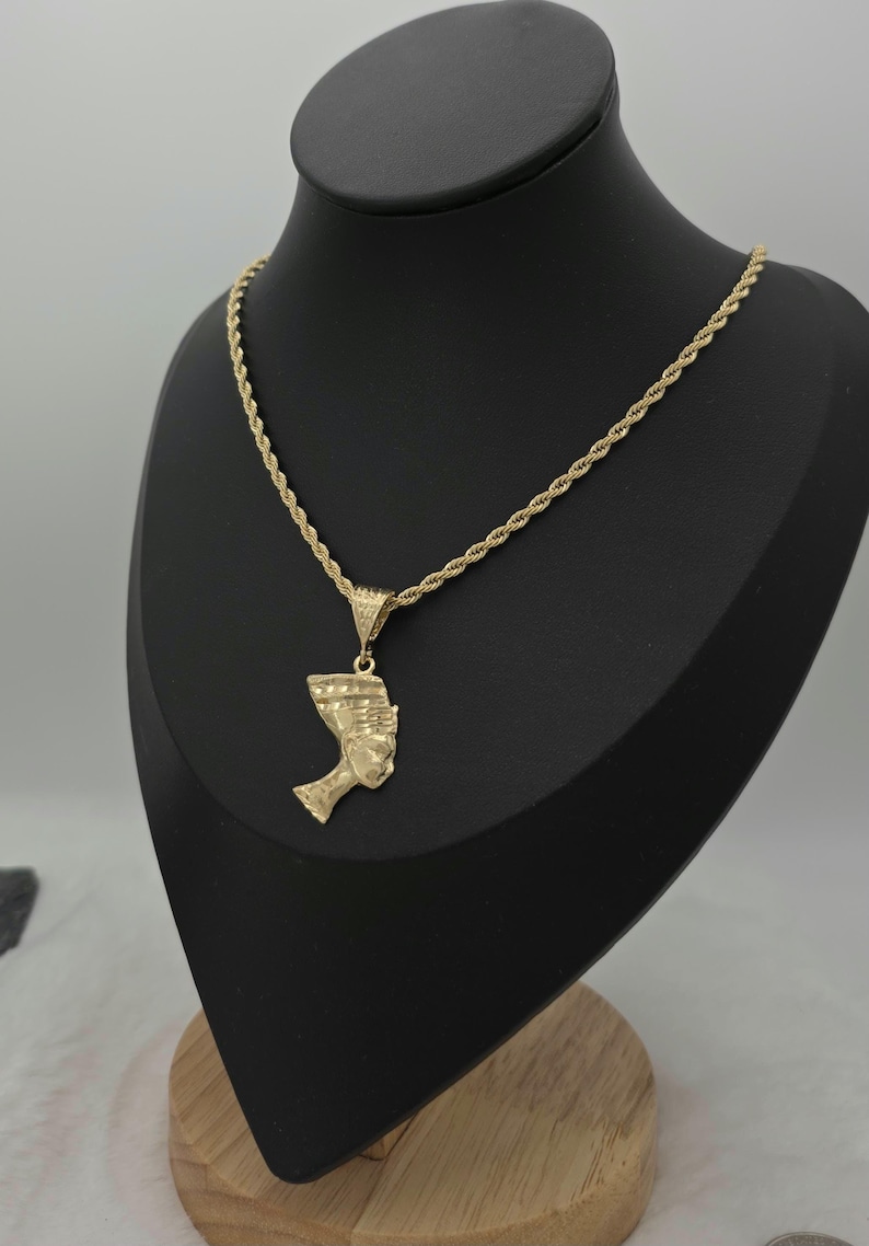 Gold Nefertiti Pendant Necklace: 14k Heavy Plated, 3mm French Rope Chain, Lifetime Replacement Guarantee image 6