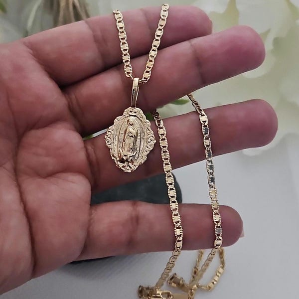 Gold Jungfrau Maria Guadalupe Halskette: 14k plattiert, 2,5 mm ausgefallene flache Kette, lebenslange Ersatzgarantie!