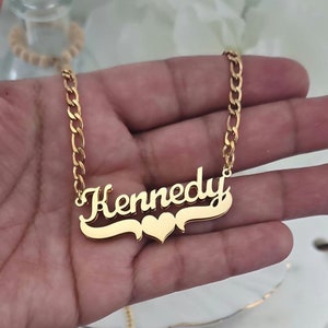 Gold Name Plate Necklace, Personalized Necklace, Double Name Necklace, 3mm Figaro Chain, 14k Gold Over Stainless Steel, Tarnish Free