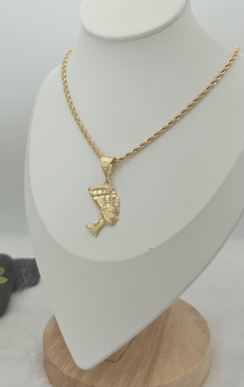 Gold Nefertiti Pendant Necklace: 14k Heavy Plated, 3mm French Rope Chain, Lifetime Replacement Guarantee image 8