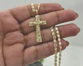 Gold Kruzifix Halskette: 2,5 mm Mariner Diamantschliffkette, 14 Karat schwer vergoldet, lebenslange Ersatzgarantie