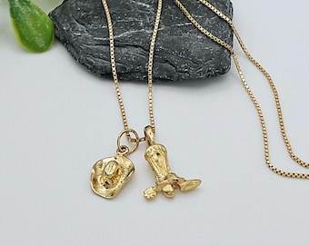 Gold Cowboy Boot and Hat Necklace: Dainty Texas Cowgirl Jewelry, 14k Heavy Plated, Lifetime Replacement Guarantee