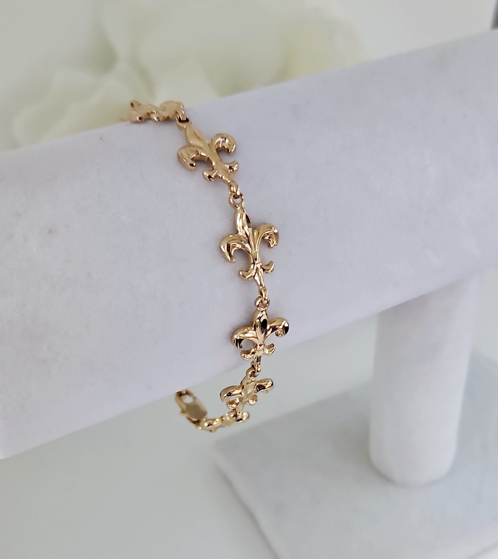 Fleur-de-lis Bracelet: 14k Heavy Plated Gold, Lifetime Replacement 
