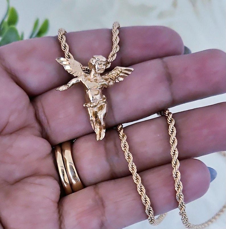 Gold Angel Necklace: 14k Plated Cherub Pendant, 2mm Rope Chain image 7