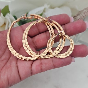 14k Gold Plated Hammered Hoop Earrings: Flat Design, Three Sizes